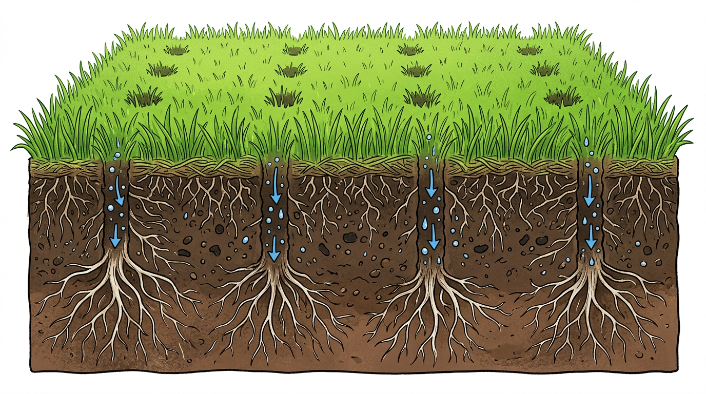Vizualizace aerifikace — voda a vzduch pronikají ke kořenům trávy